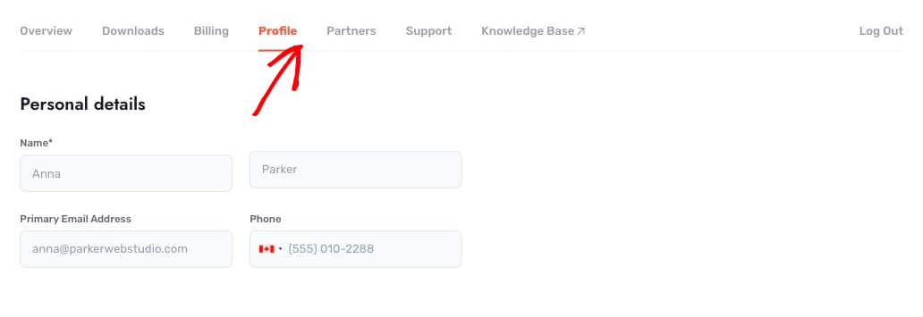 The Profile tab showing the Personal details section