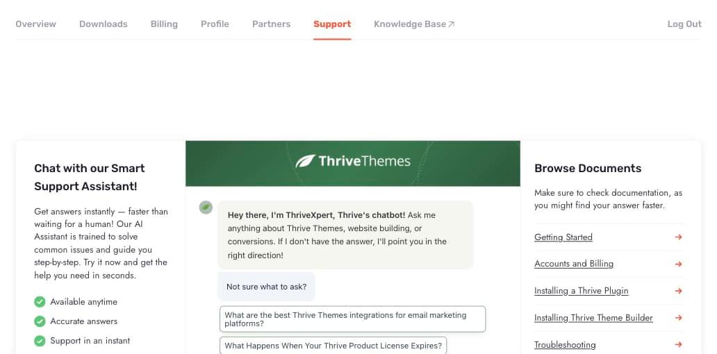 The Support tab with the Smart Support Assistant chat and Browse Documents links