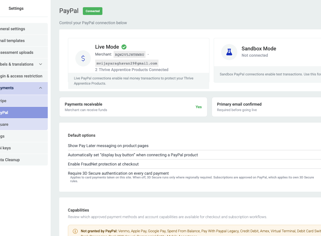 Thrive Apprentice Settings with Payments and PayPal selected