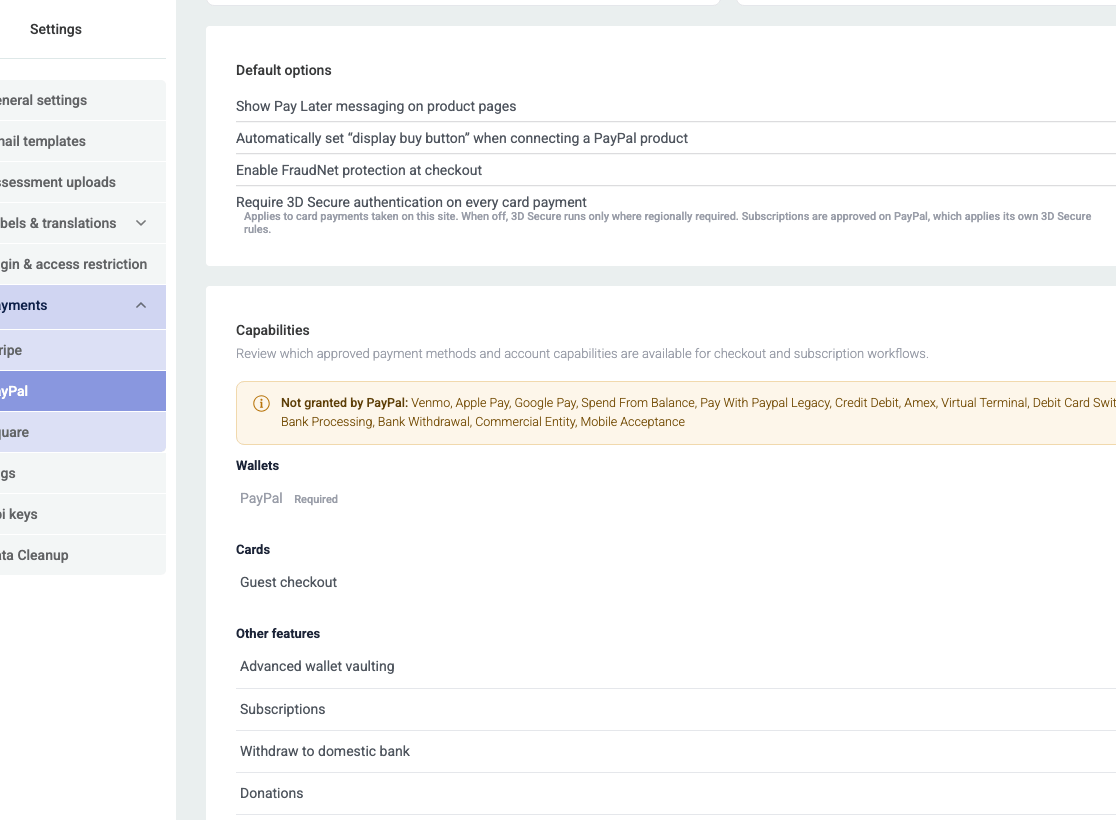 PayPal checkout method toggles on the settings page