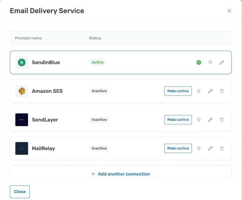 The Email Delivery Service popup, listing connected providers with Active or Inactive status, a Make active button, and an Add another connection link.